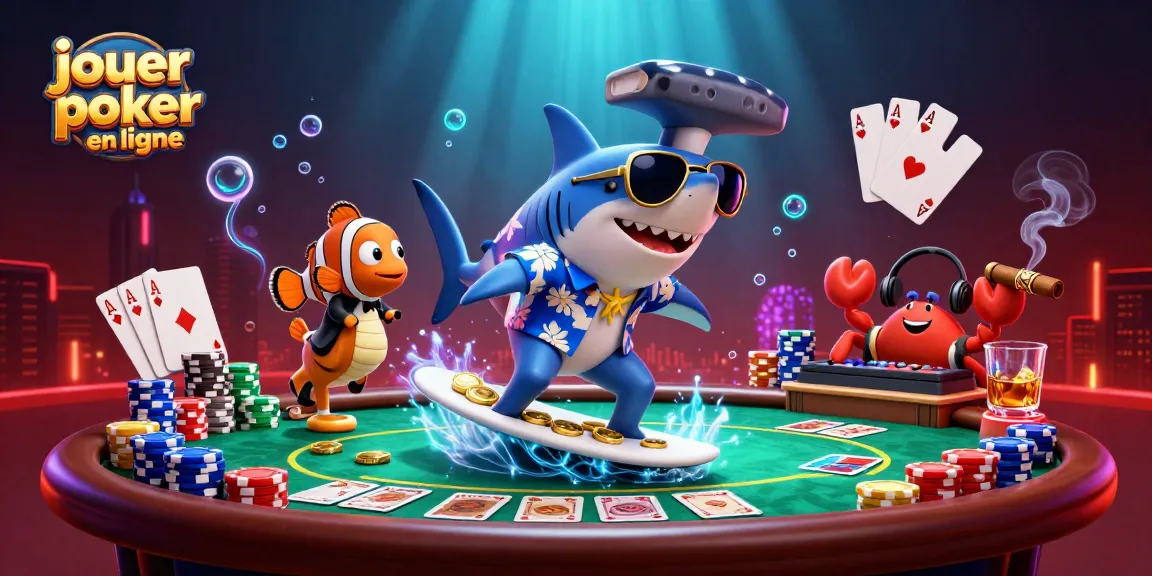 Jouer au poker en ligne avec une illustration dynamique et colorée d'un requin surfeur entouré de poker et de vibrants éléments.