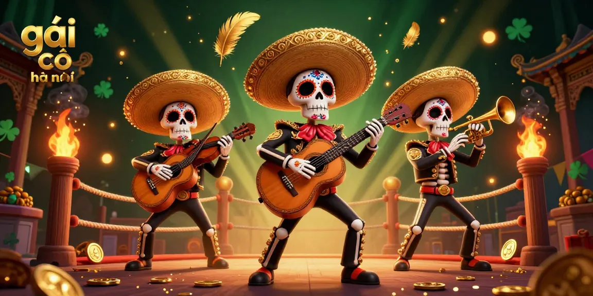 Engage with vibrant 3D illustration of gái gọi hà nội featuring colorful mariachi band surrounded by gold and smoke elements.