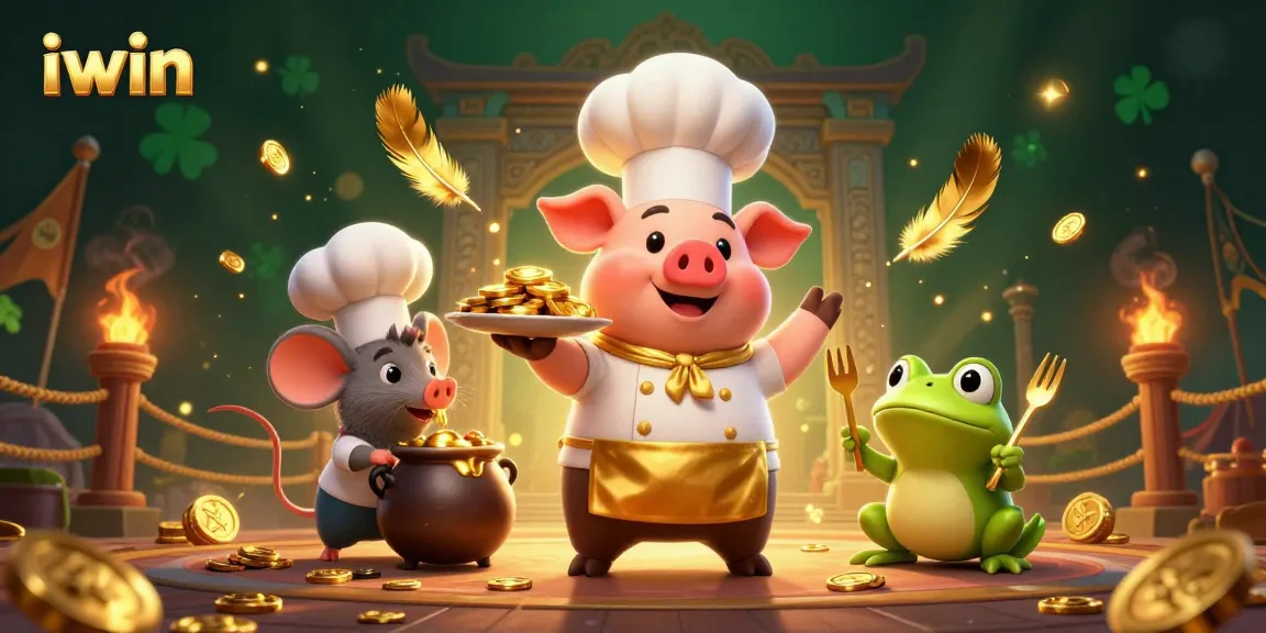 iwin casino scene showcasing chef pig serving gold coins with vibrant gaming elements.