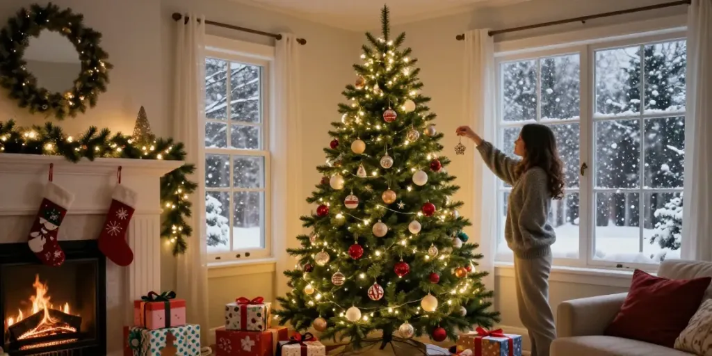 Cozy living room with a tall skinny Christmas tree decorated for the holidays.