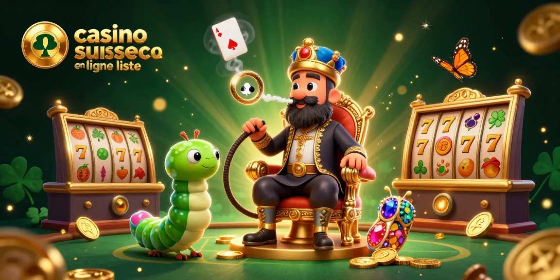 Illustration dynamique d'une liste de casinos suisses en ligne avec personnages et éléments de jeu colorés.