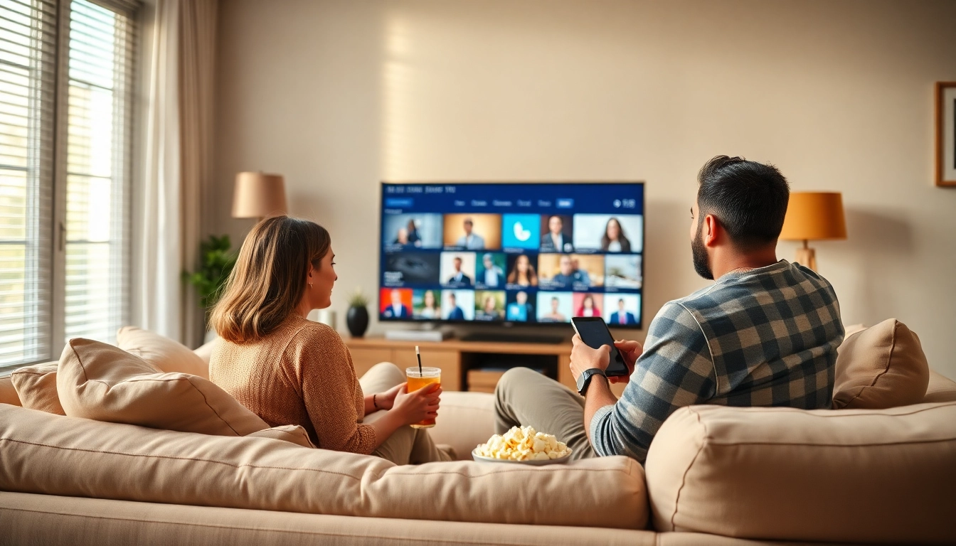 Experience IPTV Free Trial No card with a couple streaming content in a cozy living room.