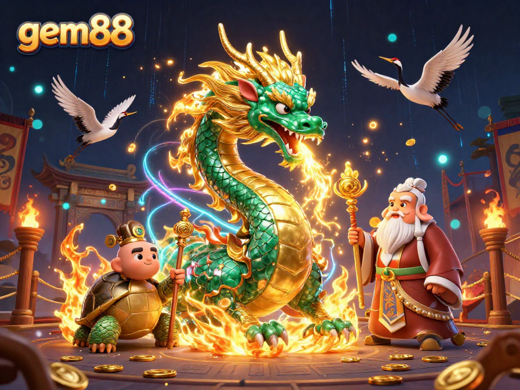 Engage with gem88's vibrant casino world featuring a dragon, turtle sage, and lucky cranes.