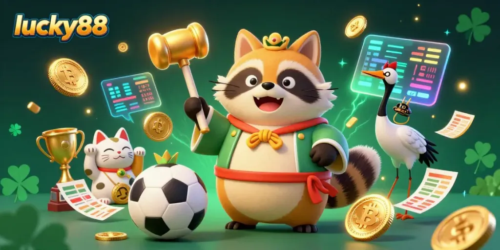 Experience thrilling sports betting action with lucky88 in a vibrant 3D cartoon illustration featuring a tanuki and lucky cats.