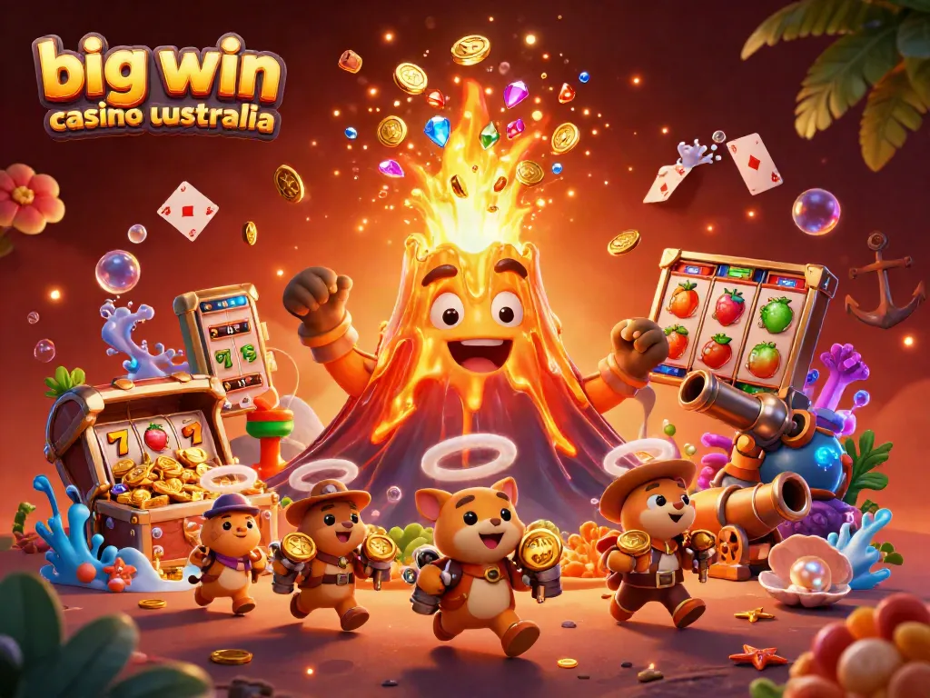 Experience the thrill of big win casino australia with a vibrant 3D scene of treasure and slot symbols.