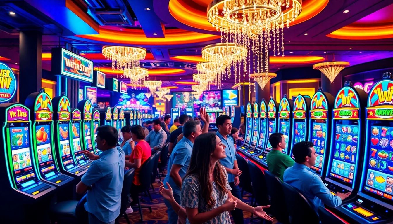 Experience the excitement of slot gambling with dynamic players and colorful machines in a lively casino.