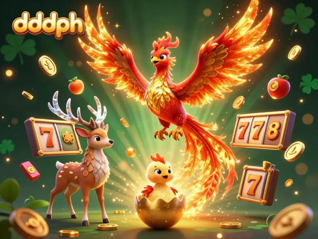 A vibrant 3D casino scene showcasing the dddph logo with a phoenix and slots elements, symbolizing online gambling excitement.