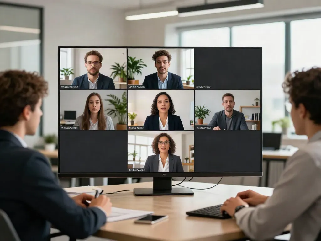 Deepfake protected Conferencing with diverse team engaged in secure virtual meeting, showcasing professionalism and technology.