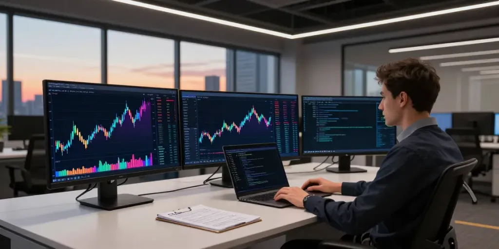 stock API Python integration on multiple monitors in a professional trading setup with innovative cryptocurrency tools