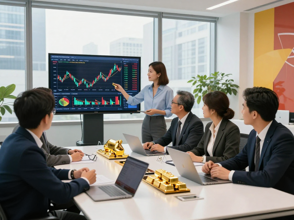 Gold trading professionals collaborating and analyzing market trends with mantra88 login display.