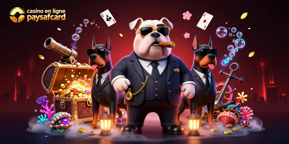 Un bulldog mafieux et ses gardes du corps Doberman dans un univers de casino en ligne paysafecard vibrant et captivant.