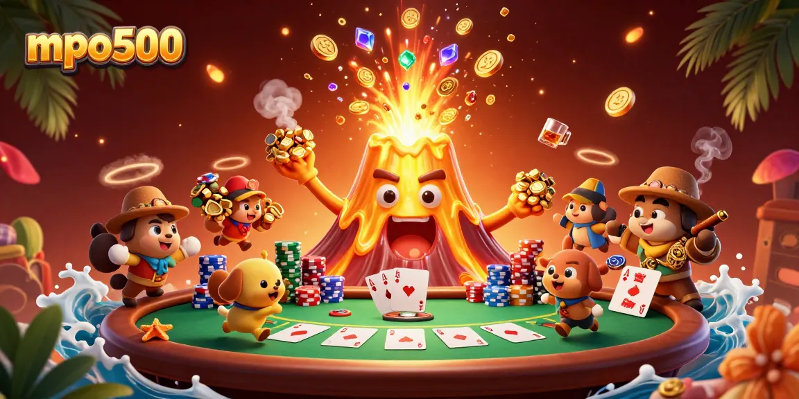 Experience the thrill of winning at mpo500 with coins erupting from a golden volcano in this vibrant scene.