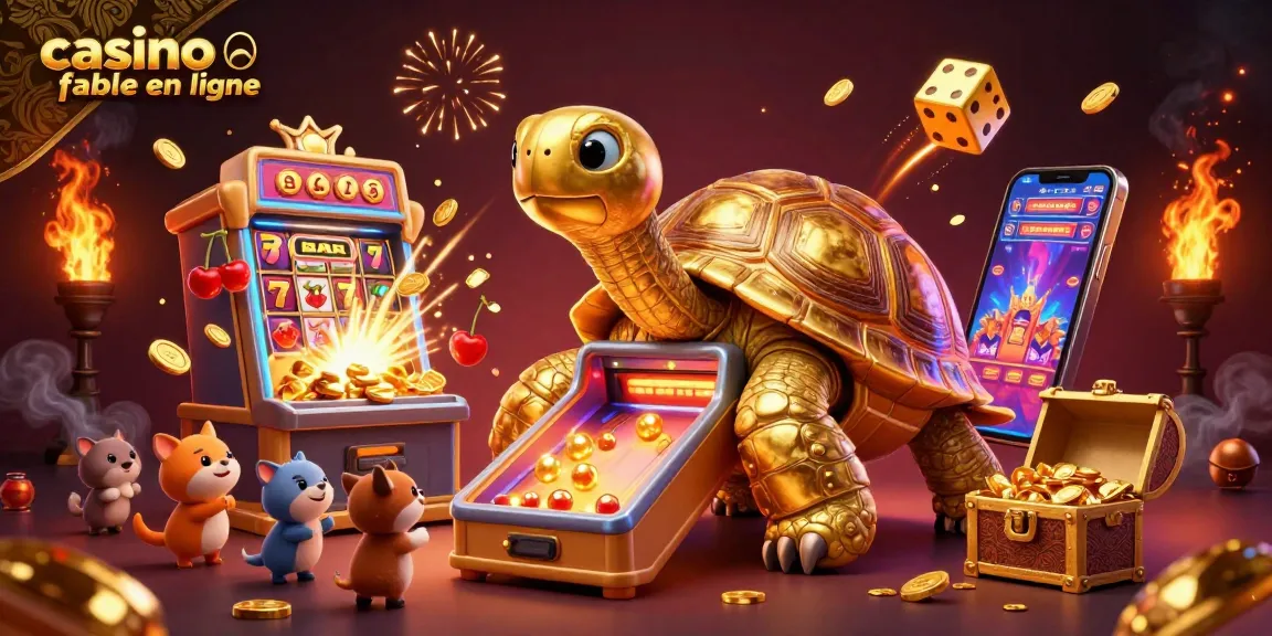 Jouez dans un casino fiable en ligne avec des symboles de jackpot, une tortue dorée et des animaux excités.