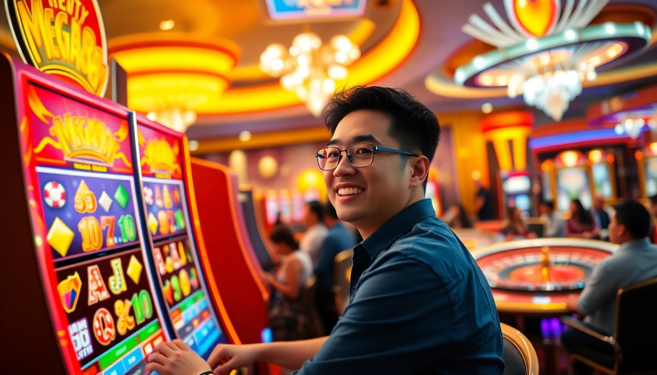 Permainan Mega888 Malaysia yang menarik dengan pengunjung sedang bermain di mesin slot.