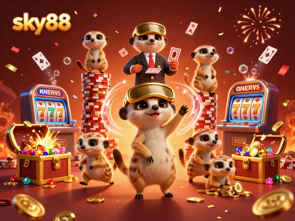 Engage with sky88's vibrant casino scene featuring meerkats in action amid a sea of gold coins and colorful game elements.