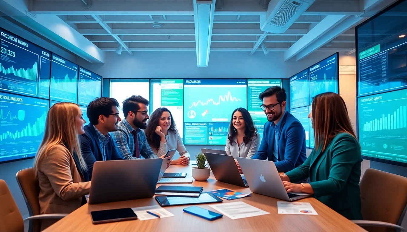 Engaged professionals at a social media agency collaborating creatively in a modern workspace.