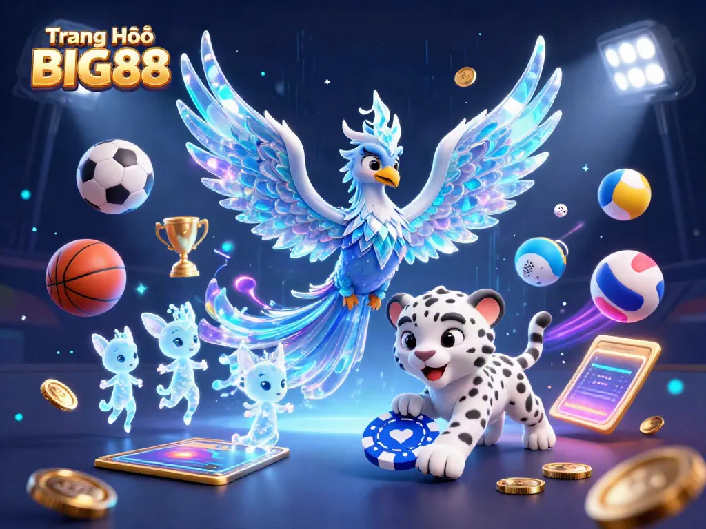 Experience excitement with Trang Chủ BIG88 featuring an ice phoenix, snow leopard, and vibrant sports elements in a dynamic casino scene.