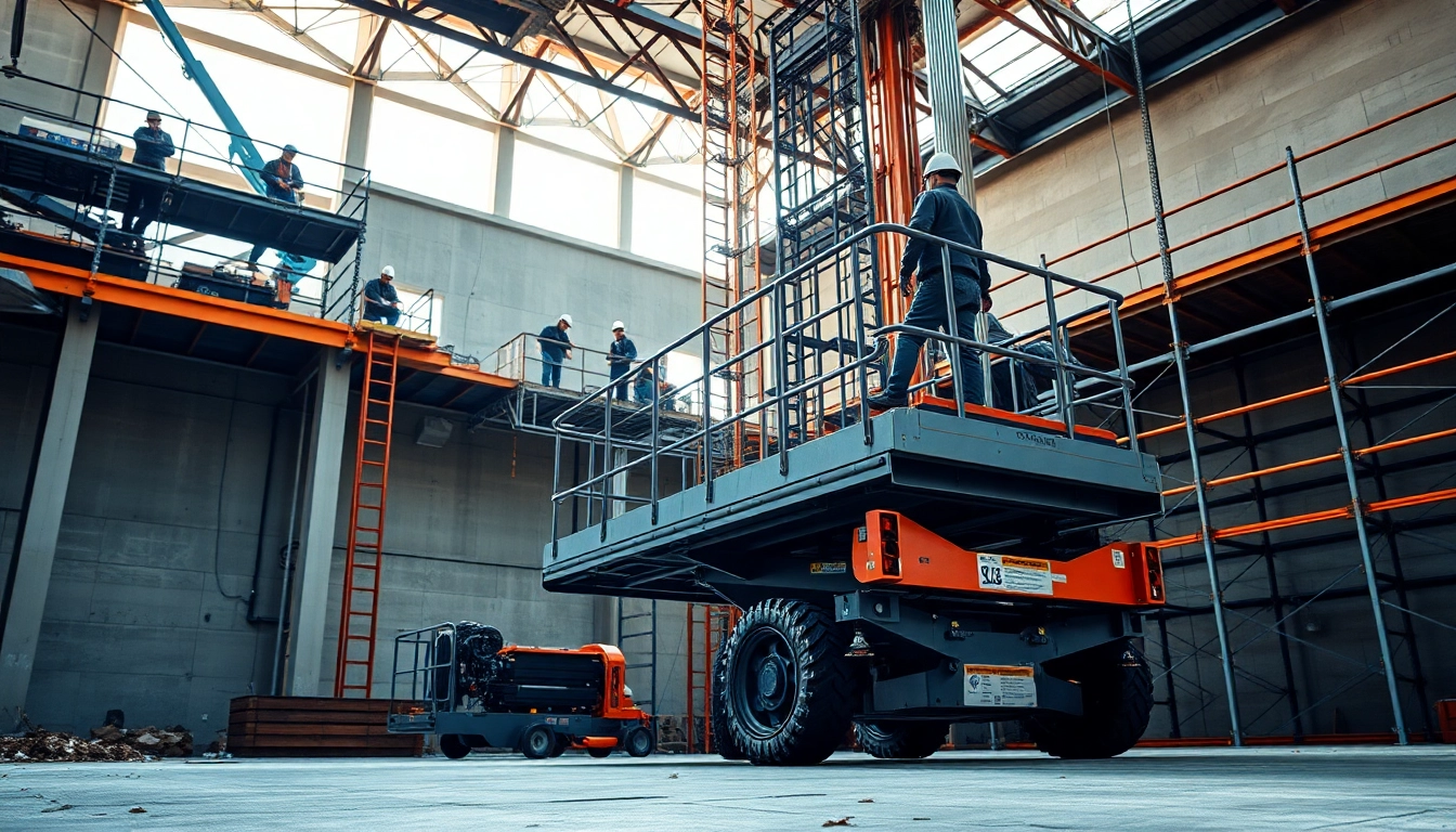 Workers safely operating a manlift on a construction site, showcasing its height and maneuverability.