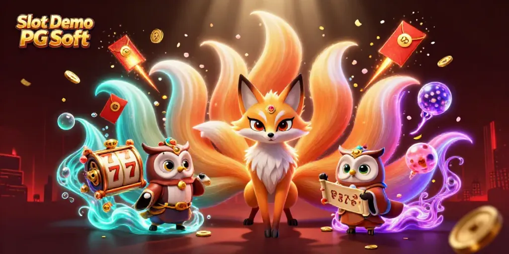 Play engaging Slot Demo PG Soft games in this vibrant, colorful illustration featuring a nine-tailed fox spirit.