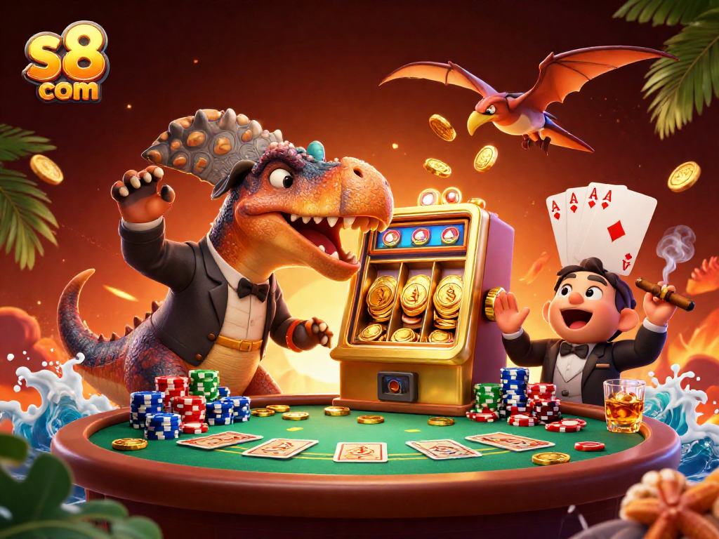 Witness the thrilling jackpot action at s8 com with playful dinosaurs amidst a vibrant casino scene.