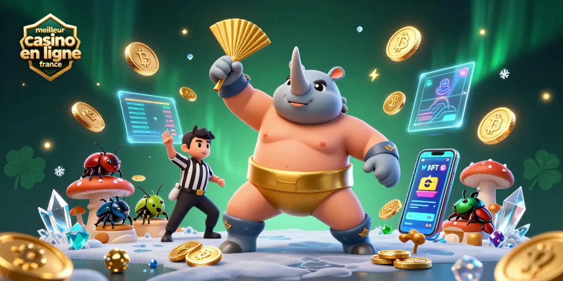 Un rhinocéros scarabée sumo champion illustrant le meilleur casino en ligne France avec des pièces d'or volantes et un cadre festif.
