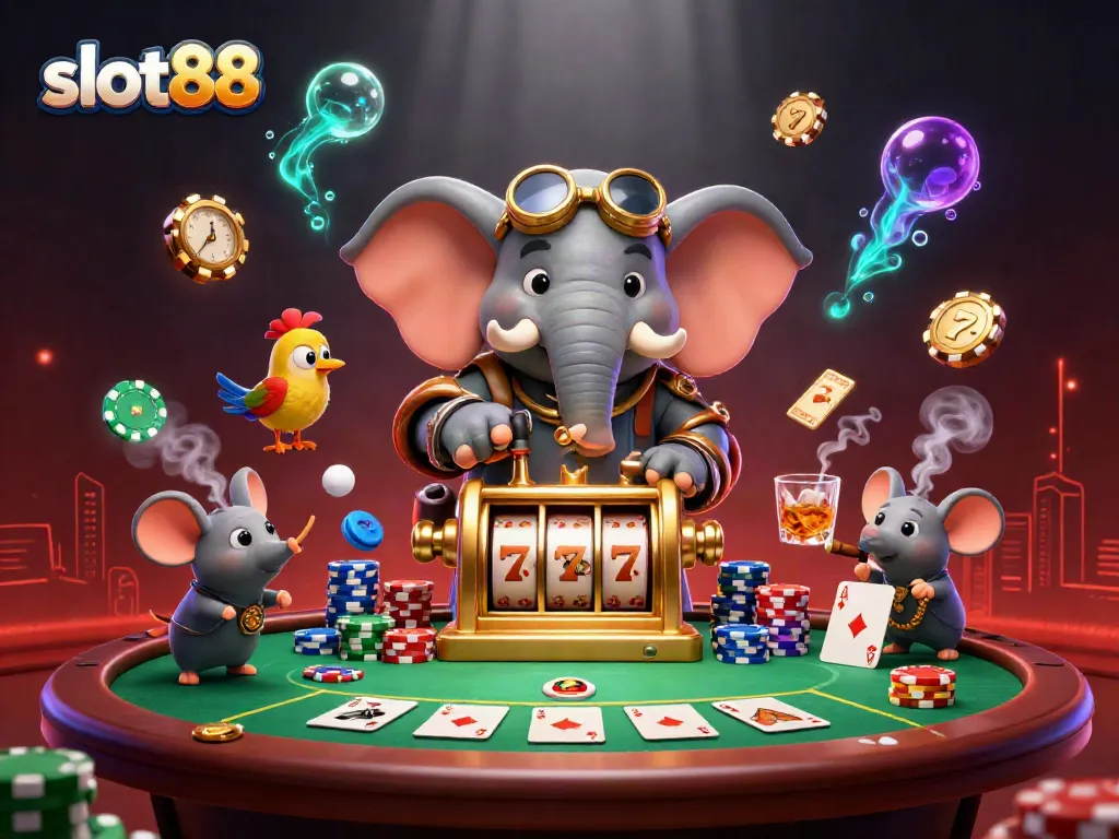 Engaging illustration of slot88 with a steampunk elephant operating a golden slot machine.