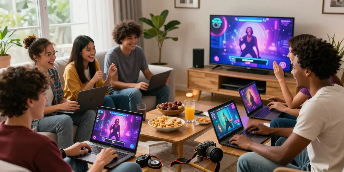Engaged friends playing sex games online in a cozy living room.