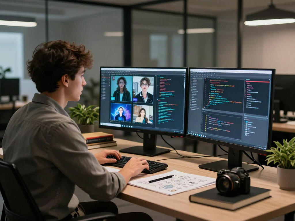 AI Detector workspace with a specialist analyzing AI-generated images and detection algorithms in a modern office setting