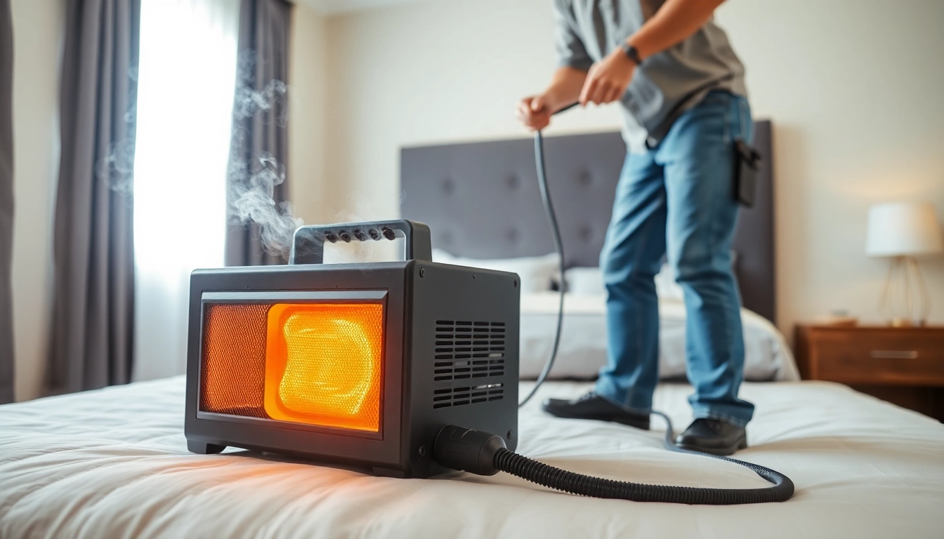 Applying bed bug heat treatment with specialized equipment in a clean, modern bedroom.