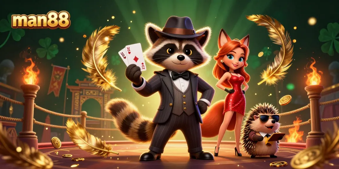 man88 showcases a royal flush in a vibrant casino illustration with a raccoon, fox, and hedgehog.