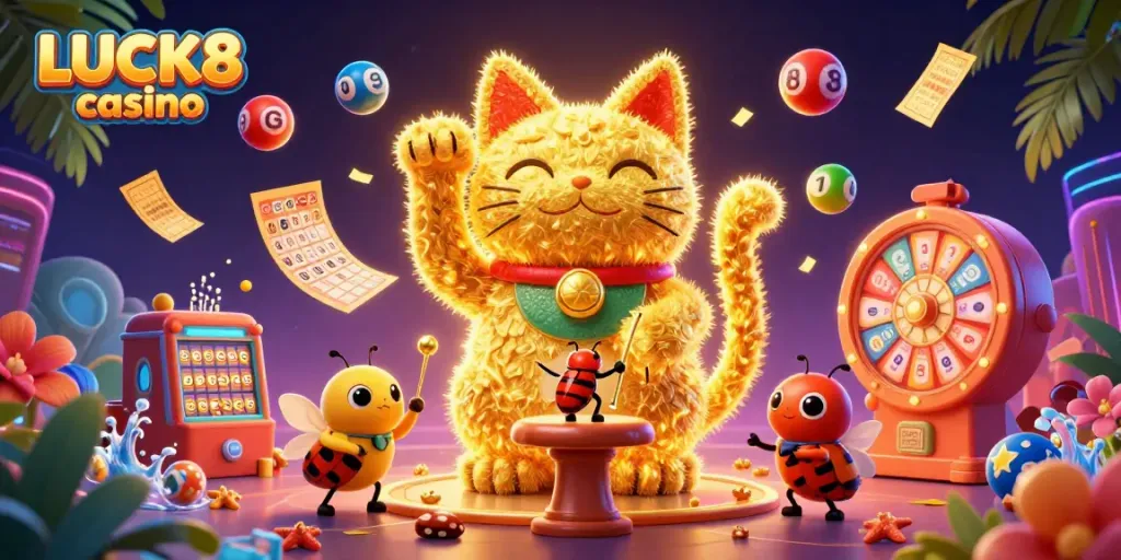 Capture the excitement of LUCK8 casino with a lively scene of a lucky cat and dynamic game elements.