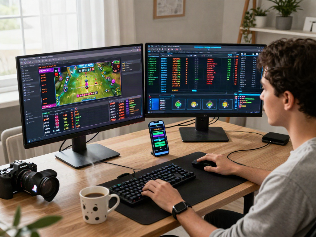 Engaged bettor analyzing bandar ze togel online games at a stylish desk with multiple screens.