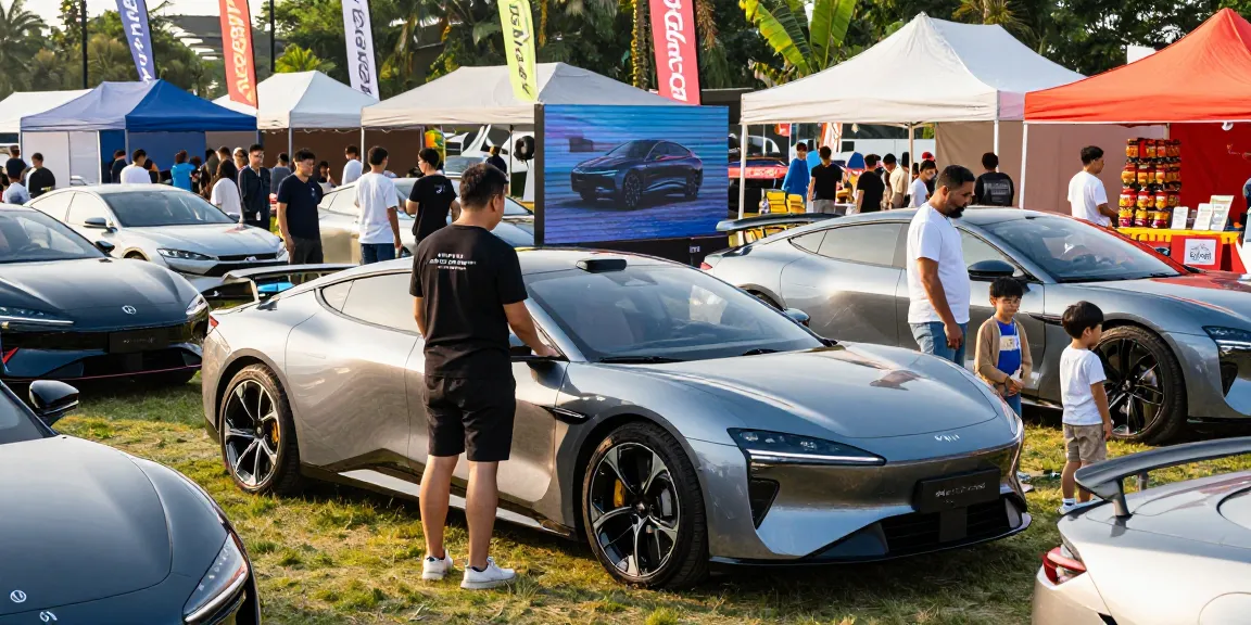 NAGA2000 electric vehicle showcased at a vibrant car show with families enjoying the event.
