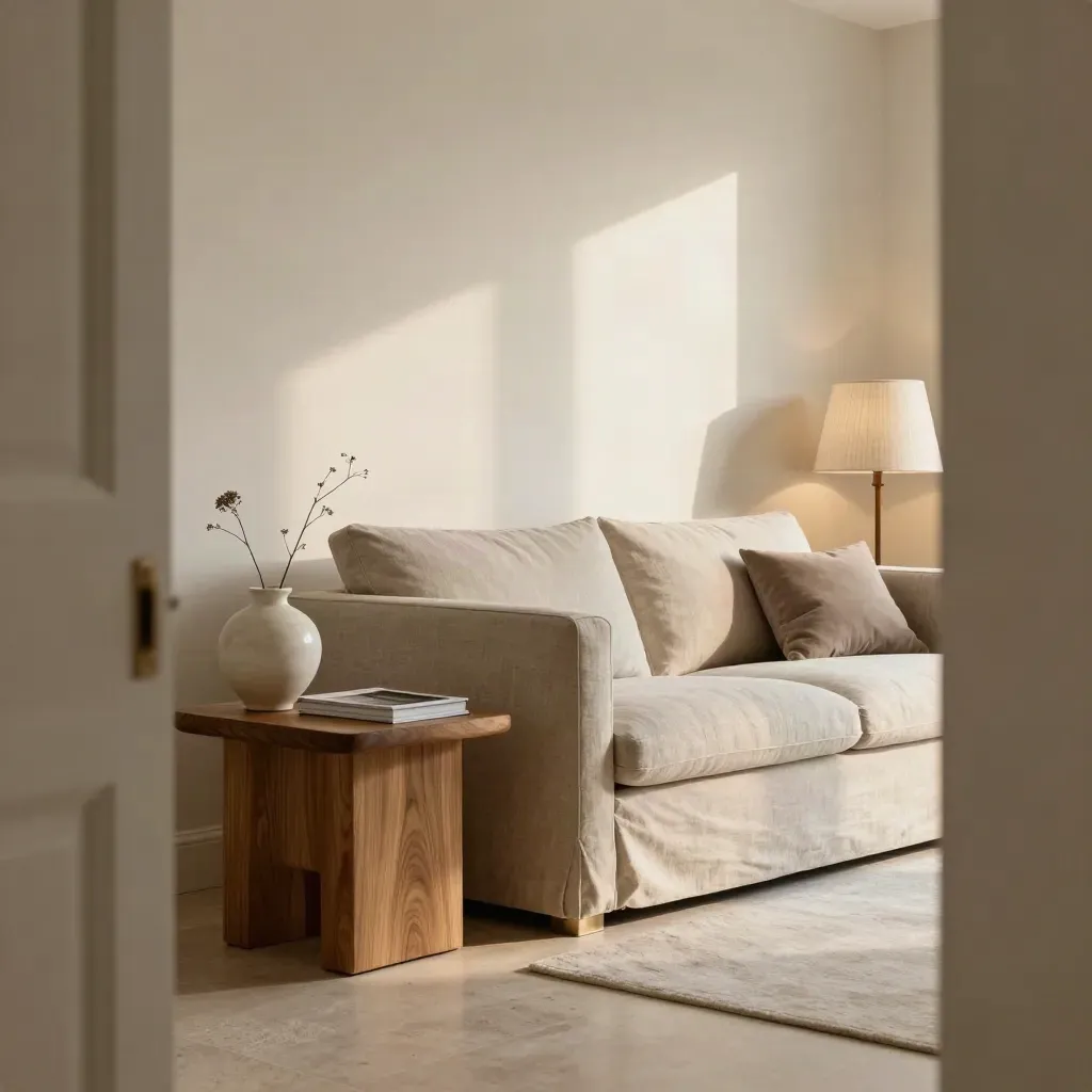 Elegant sitting room with sofa, side table, vase, swatch folio, and lamp in warm afternoon light.