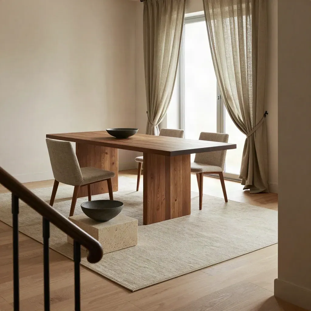 Open-plan lounge with rug zone, dining table, chairs, and window path seen from a stair landing.