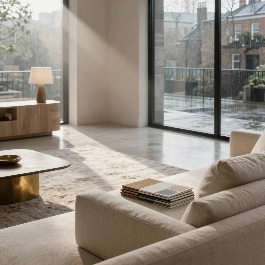 Neutral London living room with styled materials, brass lamp, and rain-lit terrace haze.