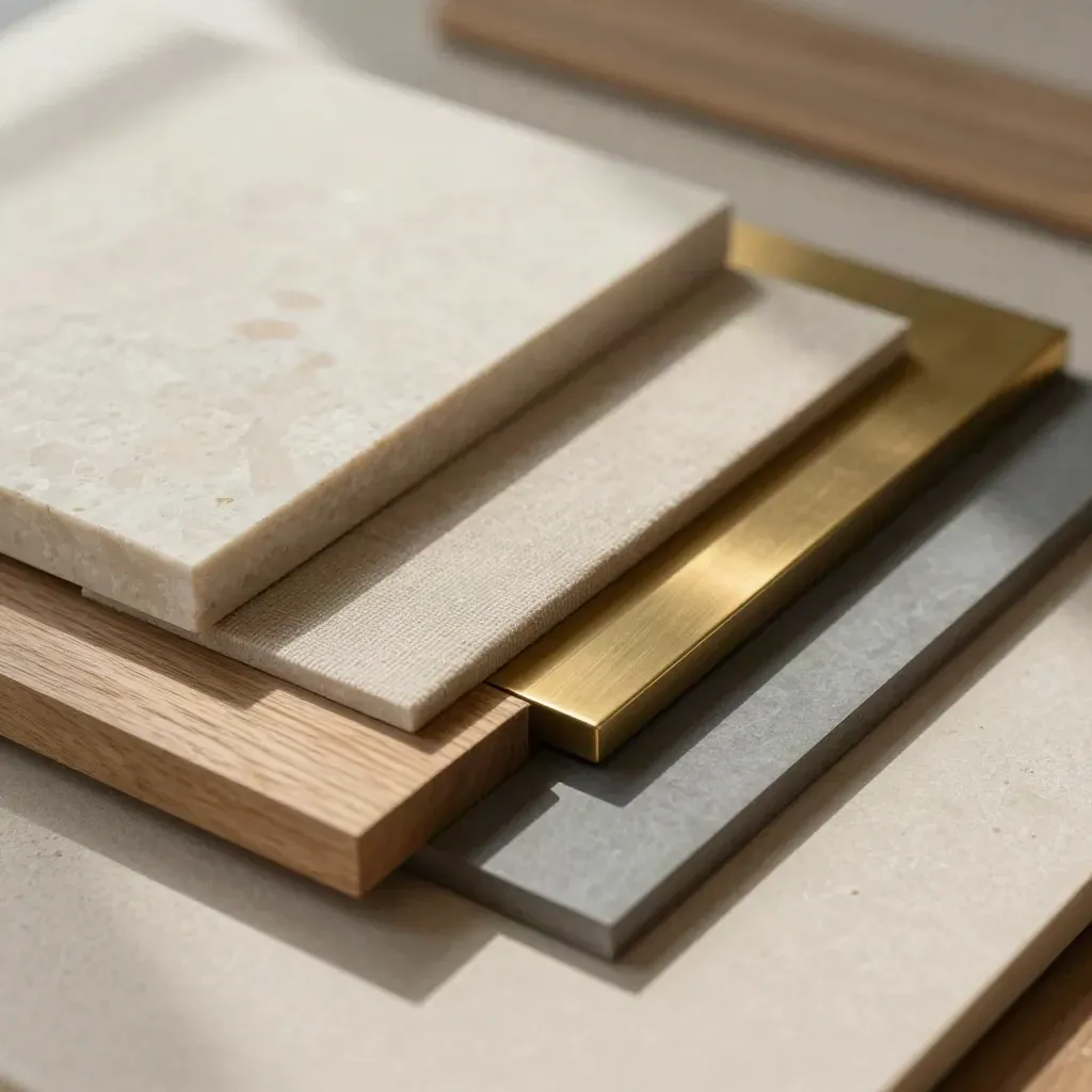 Extreme macro of interior colour swatches in travertine, oak, linen and brass tones
