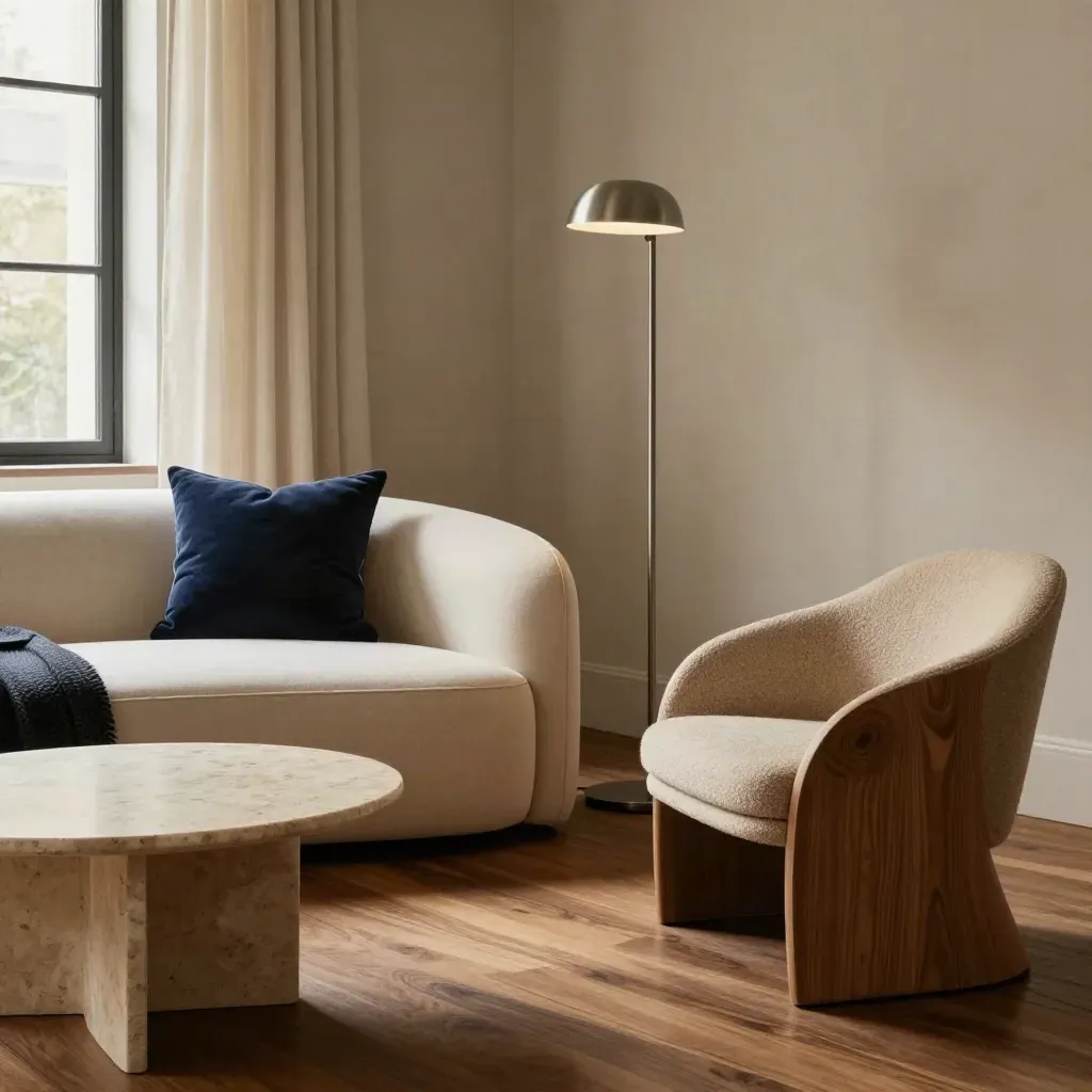 Curved sofa, travertine table, lounge chair, and floor lamp in a warm styled interior