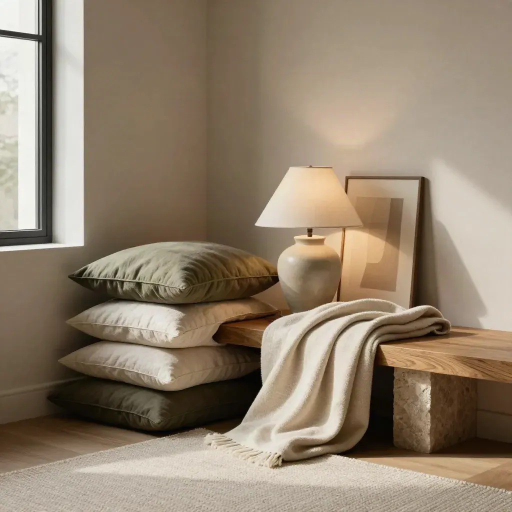 Freshly styled reading nook with cushions, lamp, leaning art and a wool throw.
