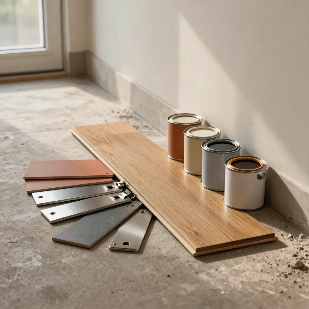 Renovation supplies staged at a room edge: tile samples, oak plank, hardware and paint tins in warm light.