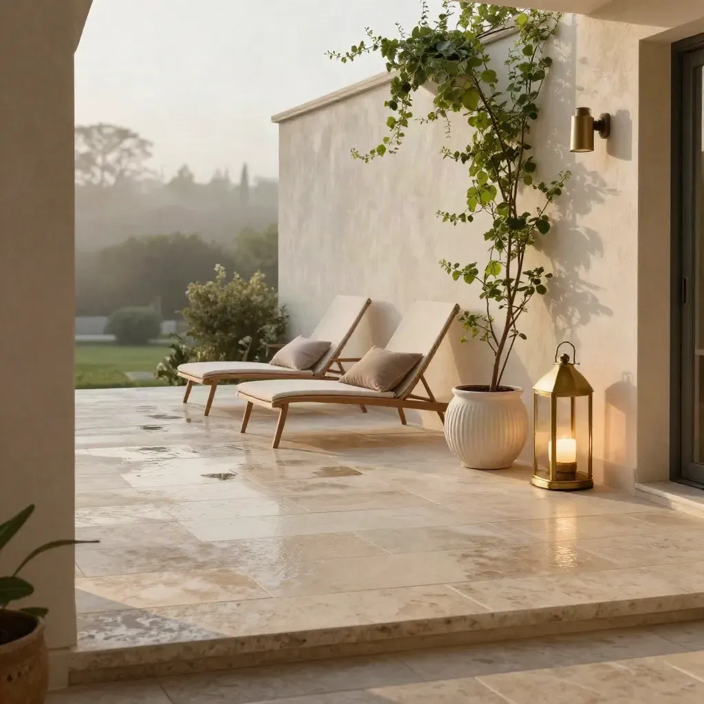 Bright terrace with stone paving, lounge chairs, lanterns, and climbing vines after rain.