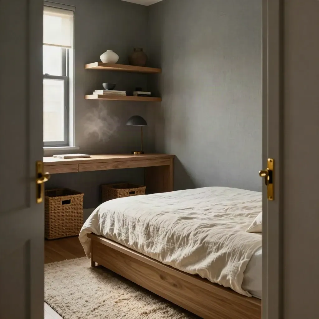 Cozy guest room office with daybed, desk, shelves, and woven storage baskets in soft daylight.