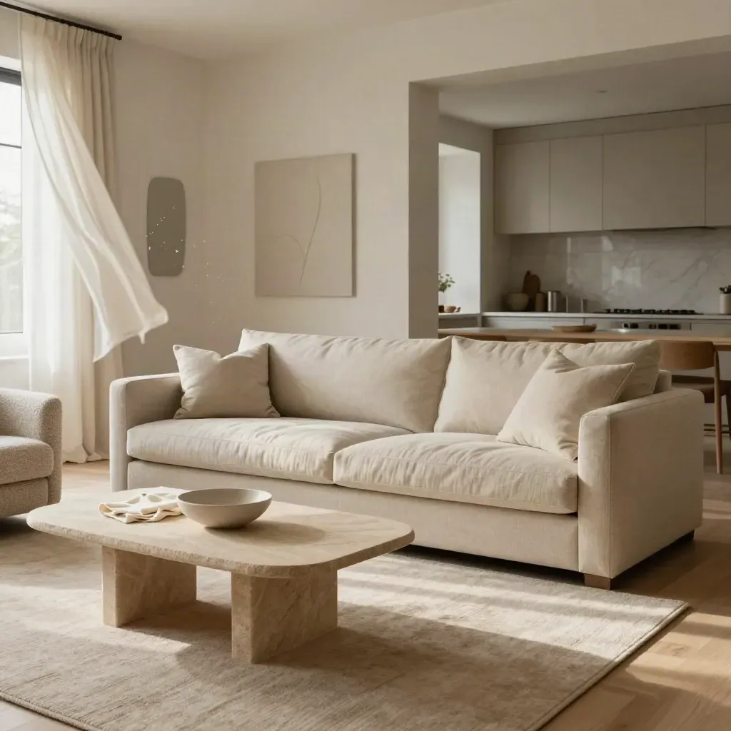 Refined neutral living room with sofa, boucle chair, stone table, and a lifted curtain.