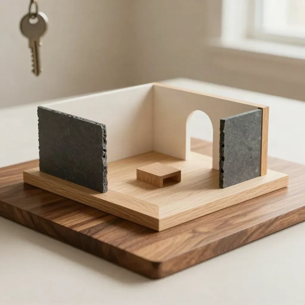 Miniature oak room model and spatial planning blocks on a walnut board.