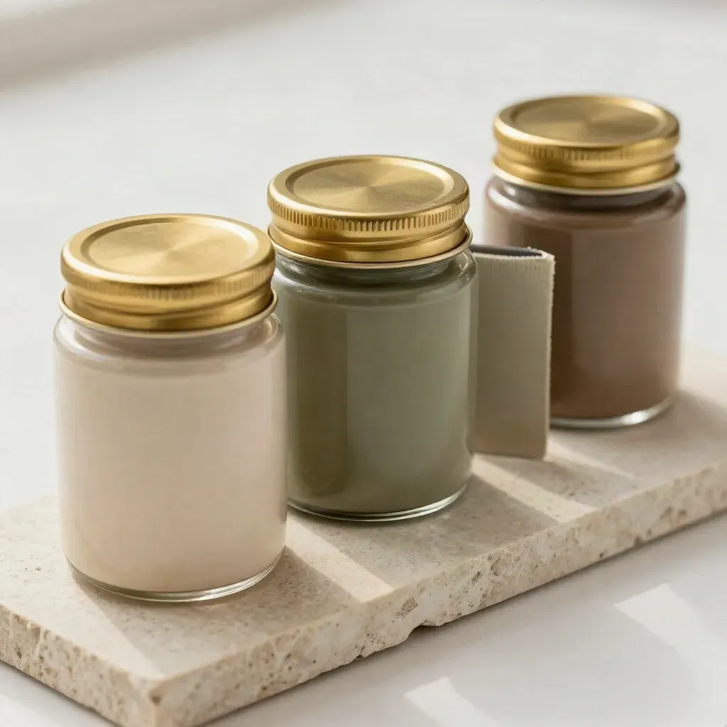 Paint, tile, and fabric samples in a tonal color gradient on a stone board.
