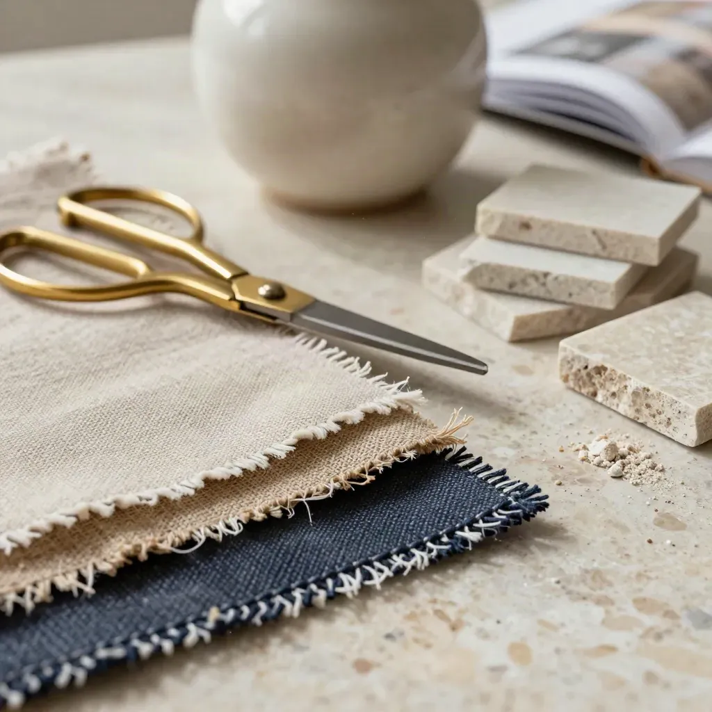 Macro still life of linen swatches, brass scissors, ceramic vessel and stone samples on travertine.