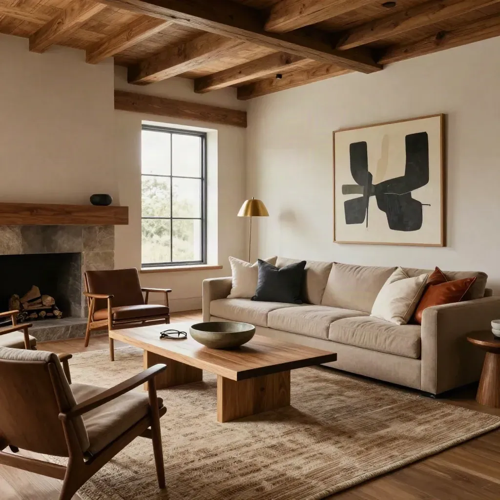 Finished luxury lounge with art, timber furniture, layered textiles, and warm dramatic window light.