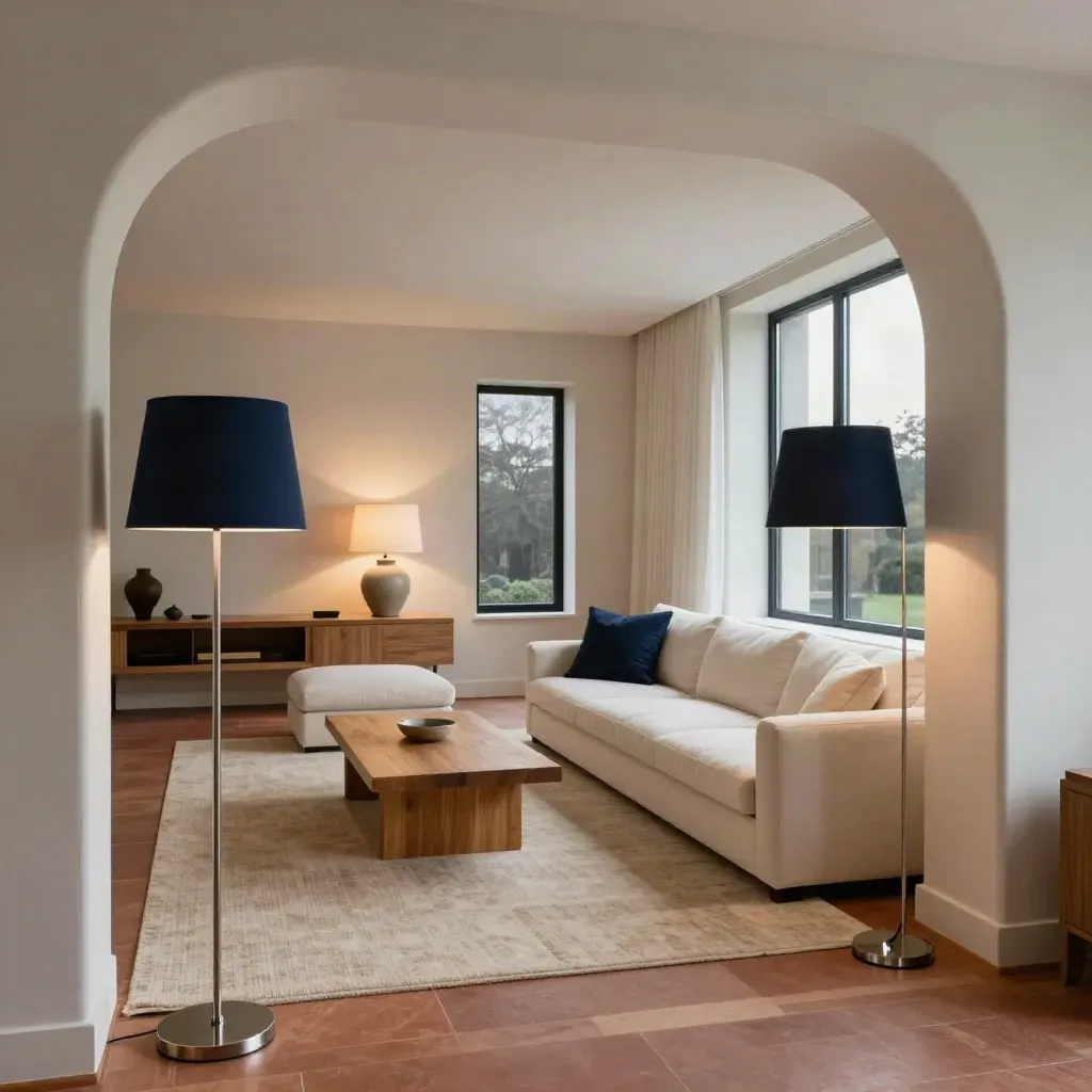 Styled living room with archway, layered lighting, larger rug, and airy furniture spacing.