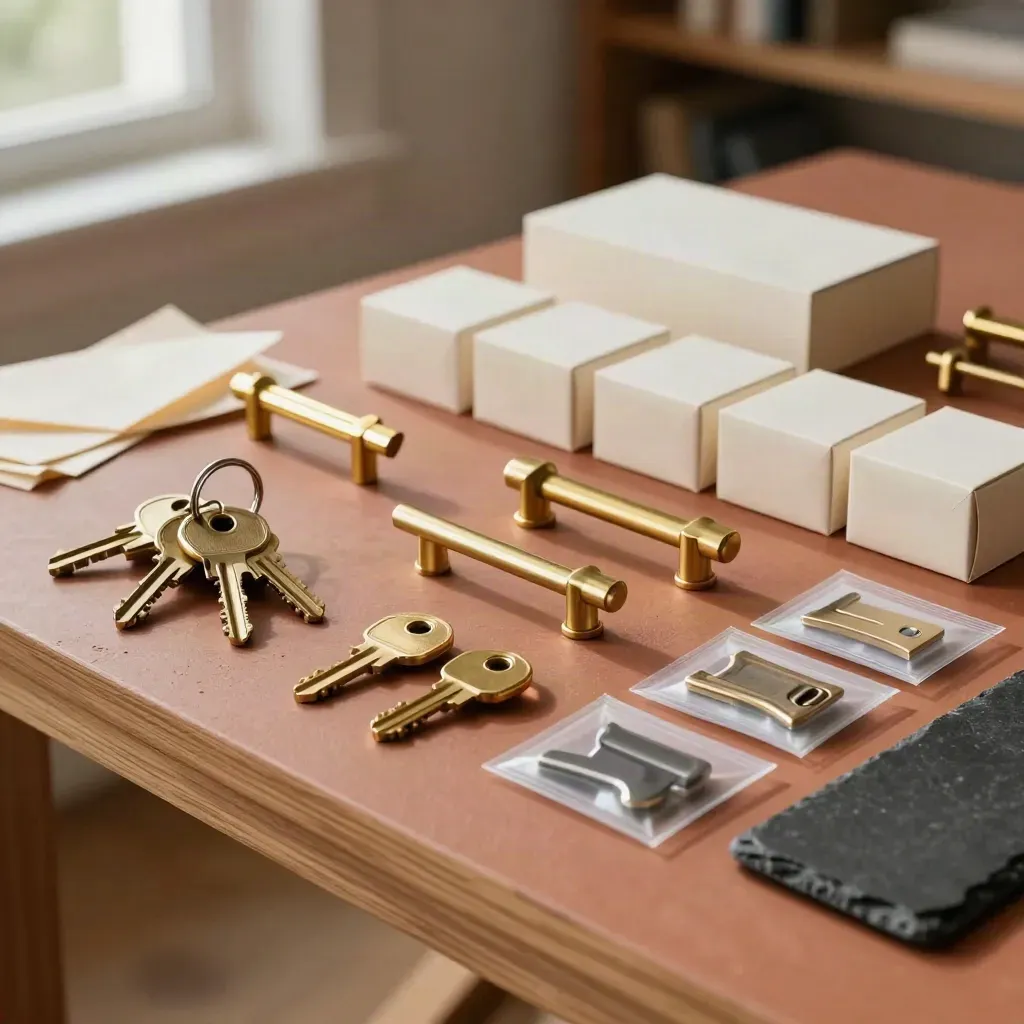 Overhead grid of brass keys, hardware packs, and ivory sample boxes on a terracotta bench