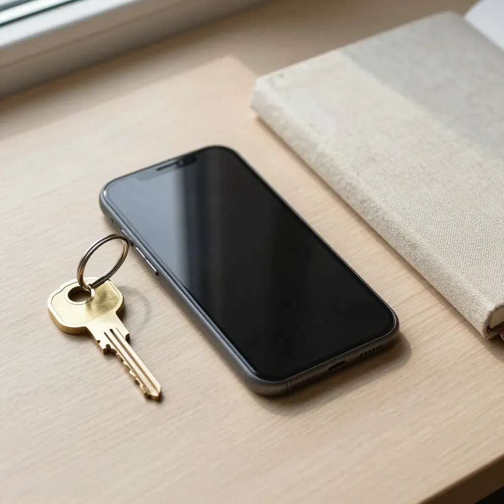 Smartphone, house key, and linen notebook on pale oak in a clean flatlay.